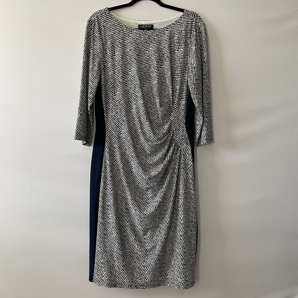 Lauren Ralph Lauren Sheath Dress 3/4 Sleeve Navy White Size 16